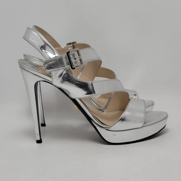 Prada Metallic Silver Platform Slingeback Strappy Straps Heel Sandals Size 39.5 - Picture 2 of 16